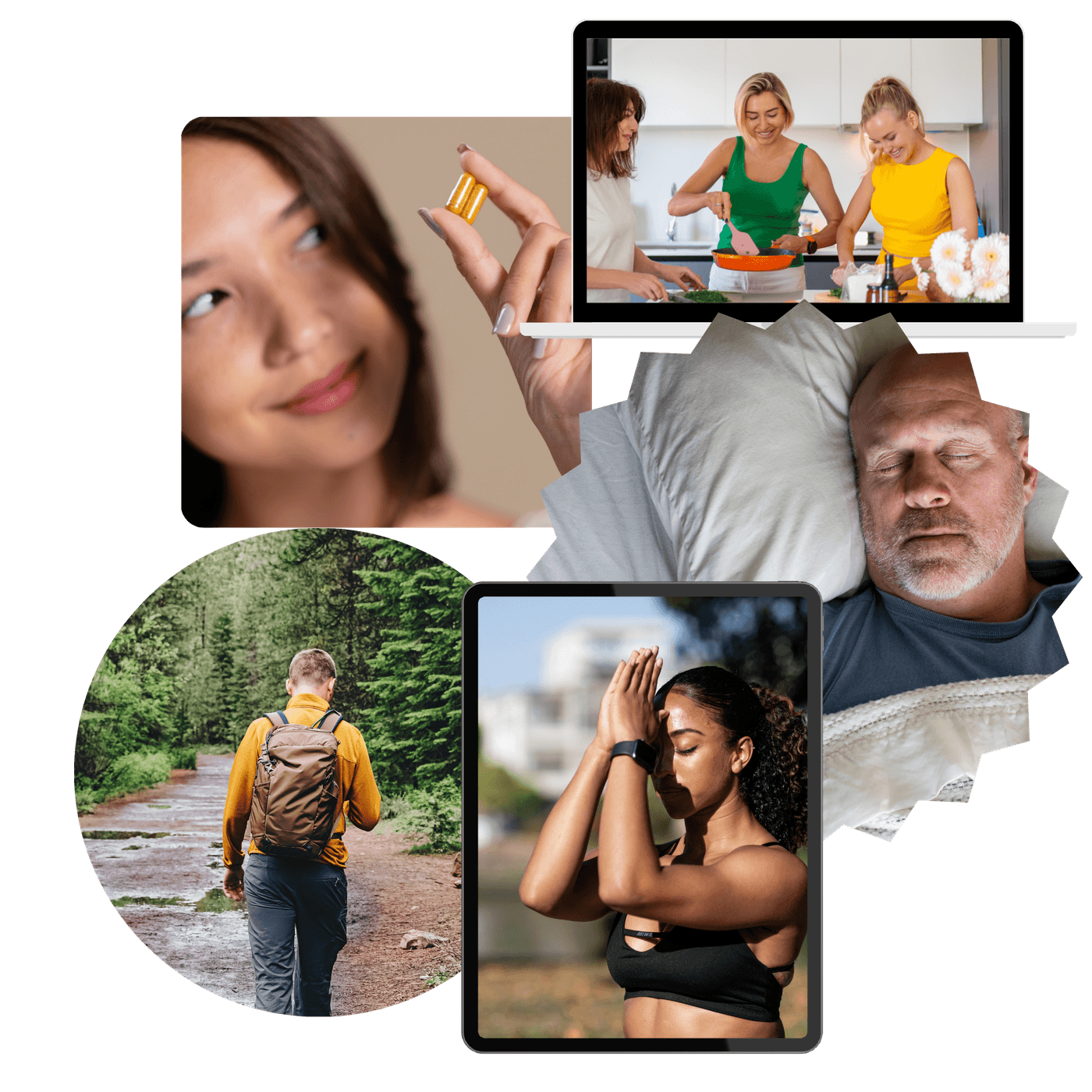 A collage of the five pillars of metabolic health in daily life: supplementation, fresh-cooked nutrition, restful sleep, an outdoor walk, and mindful stress relief.